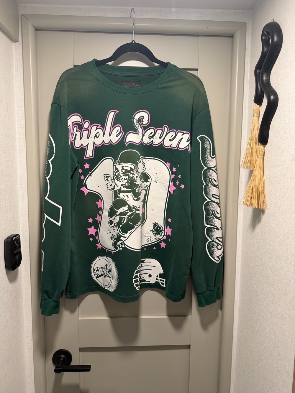 Triple 7 Green Long Sleeve Graphic Tee with Pink & White Accents